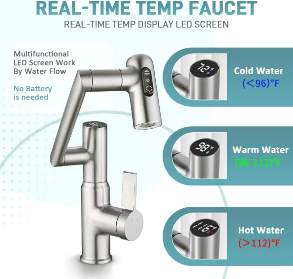 Rotatable Brass Bathroom Faucet Temperature Display 3 Water Modes Luxury Sink Hot and Cold Water Tap Sink Bath Mixer Accessories - Image 5