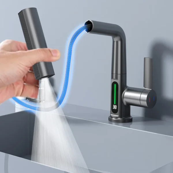 Waterfall Temperature Digital Display Basin Faucet Lift Up Down Stream Sprayer Hot Cold Water Sink Mixer Wash Tap For Bathroom - Image 2