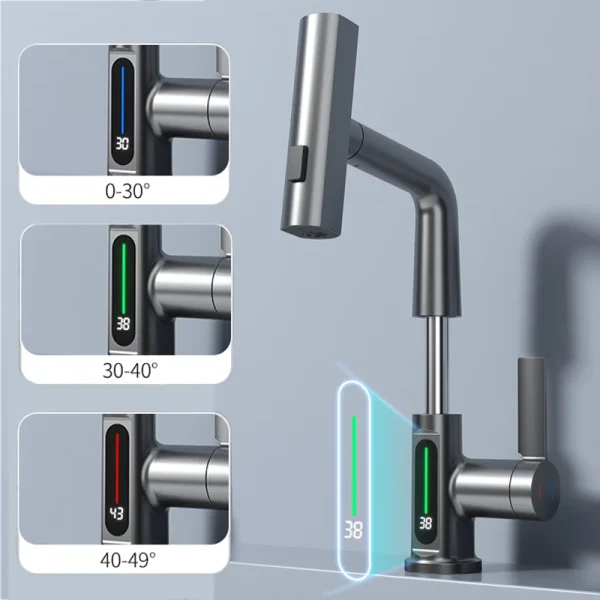 Waterfall Temperature Digital Display Basin Faucet Lift Up Down Stream Sprayer Hot Cold Water Sink Mixer Wash Tap For Bathroom - Image 5