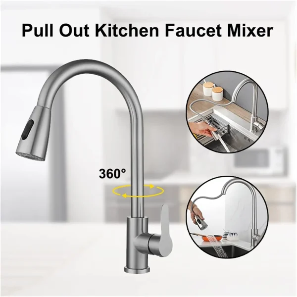 Kitchen Drain Faucet 304 stainless steel 360 Rotation Hot Cold Water Tap For Kitchen 2-way Sprayer Water Tap Single Handle Tap - Image 4