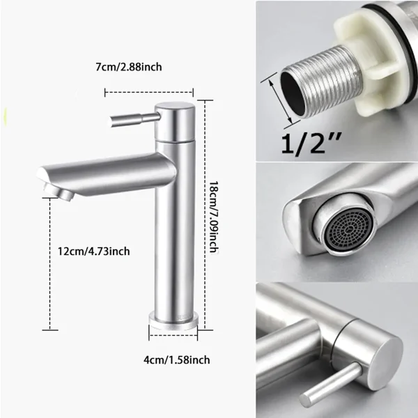 Basin Faucet 304 Stainless Steel Single Cold Water Tap Black Silver Color Deck Mounted Basin Sink Tap G1/2 - Image 6