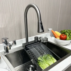 Popular Waterfall Faucet 304 Stainless Steel Hot And Cold Rainfall Kitchen Sink Water Taps Pull Out Spray Kitchen Sink Faucet